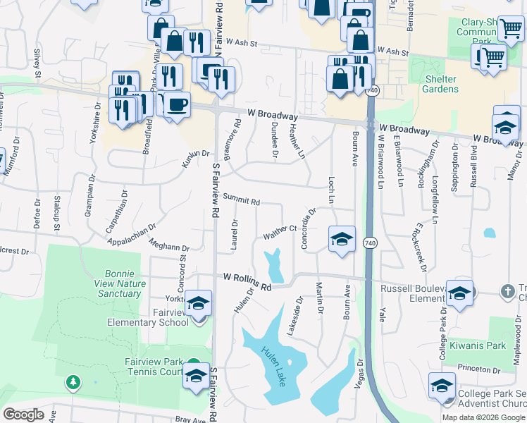 map of restaurants, bars, coffee shops, grocery stores, and more near 2623 Summit Road in Columbia