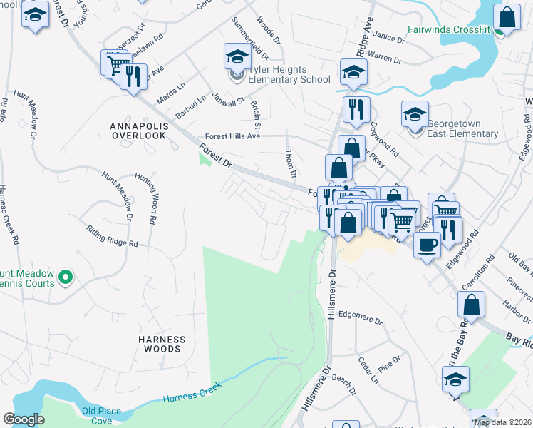 map of restaurants, bars, coffee shops, grocery stores, and more near 202 Anasta Terrace in Annapolis