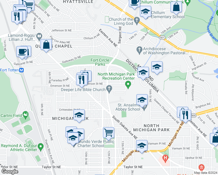 map of restaurants, bars, coffee shops, grocery stores, and more near 4937 Sargent Road Northeast in Washington