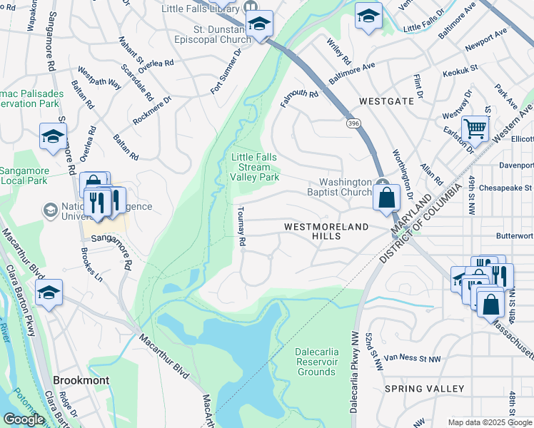 map of restaurants, bars, coffee shops, grocery stores, and more near 5407 Blackistone Road in Bethesda