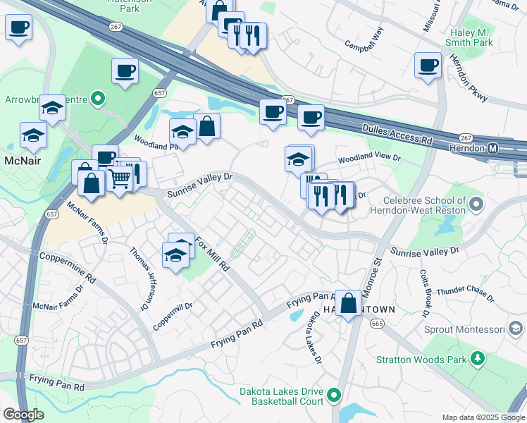 map of restaurants, bars, coffee shops, grocery stores, and more near 13051 Elm Tree Drive in Herndon