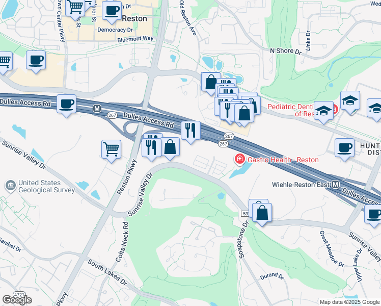 map of restaurants, bars, coffee shops, grocery stores, and more near 11760 Sunrise Valley Drive in Reston