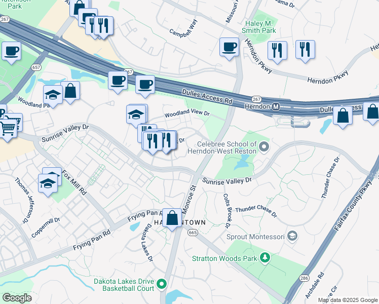 map of restaurants, bars, coffee shops, grocery stores, and more near 12933 Centre Park Circle in Herndon