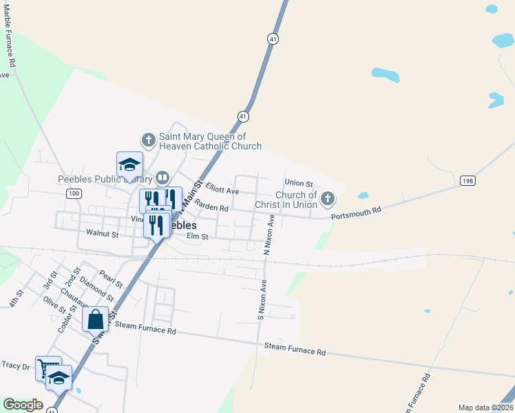 map of restaurants, bars, coffee shops, grocery stores, and more near 202 Elliott Avenue in Peebles