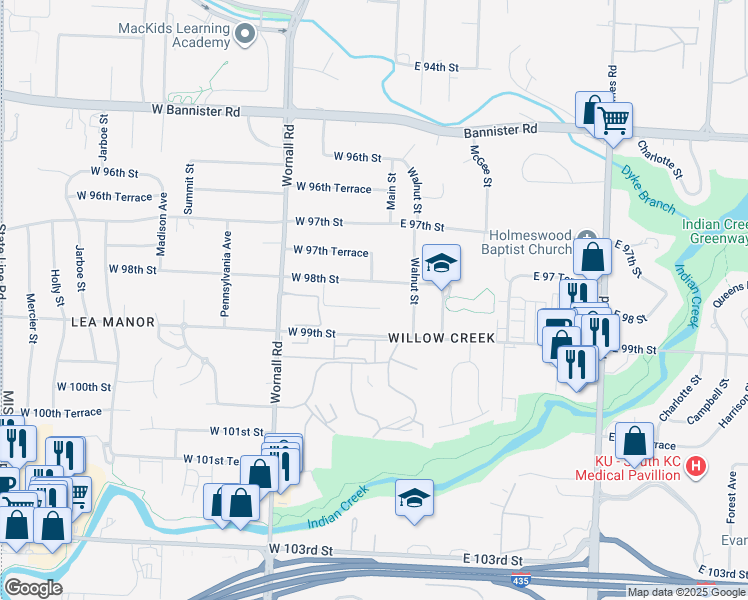 map of restaurants, bars, coffee shops, grocery stores, and more near 98 East 98th Street in Kansas City