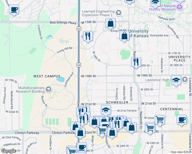 map of restaurants, bars, coffee shops, grocery stores, and more near 1760 Ellis Drive in Lawrence