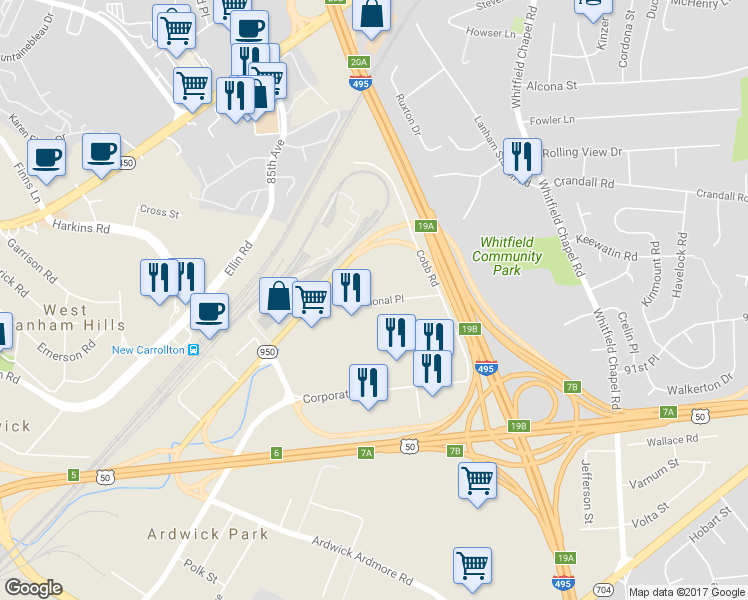 map of restaurants, bars, coffee shops, grocery stores, and more near 8240 Professional Pl in Hyattsville