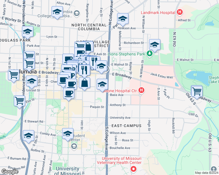map of restaurants, bars, coffee shops, grocery stores, and more near 106 South College Avenue in Columbia
