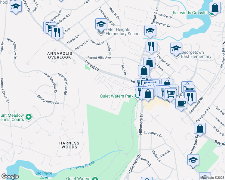 map of restaurants, bars, coffee shops, grocery stores, and more near 202 Anasta Terrace in Annapolis