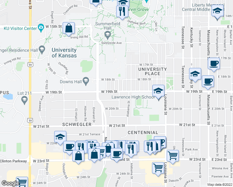 map of restaurants, bars, coffee shops, grocery stores, and more near 1103 West 19th Terrace in Lawrence