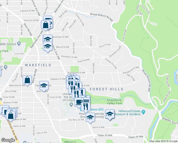 map of restaurants, bars, coffee shops, grocery stores, and more near 3033 Brandywine Street Northwest in Washington