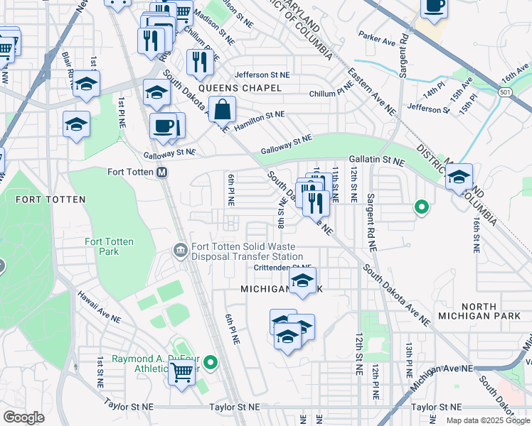 map of restaurants, bars, coffee shops, grocery stores, and more near 717 Emerson Street Northeast in Washington