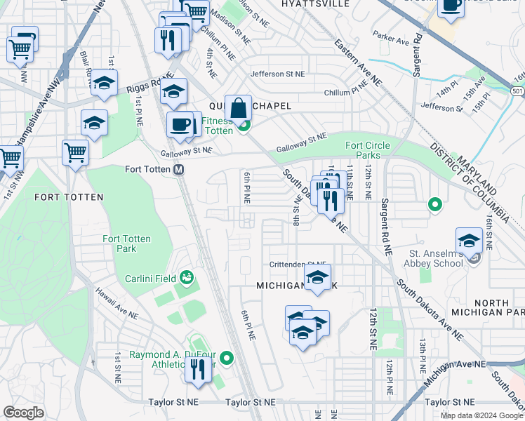 map of restaurants, bars, coffee shops, grocery stores, and more near 653 Emerson Street Northeast in Washington