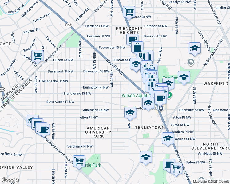 map of restaurants, bars, coffee shops, grocery stores, and more near 4339 Brandywine Street Northwest in Washington