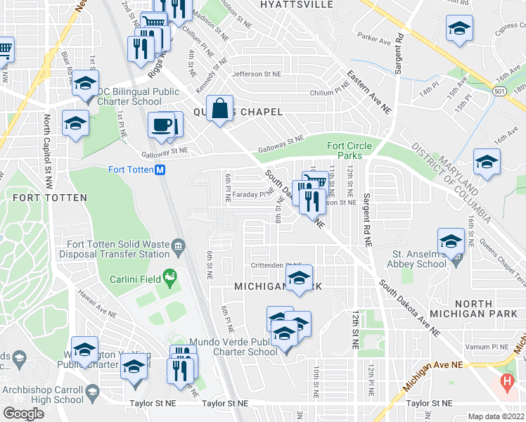 map of restaurants, bars, coffee shops, grocery stores, and more near 717 Emerson Street Northeast in Washington