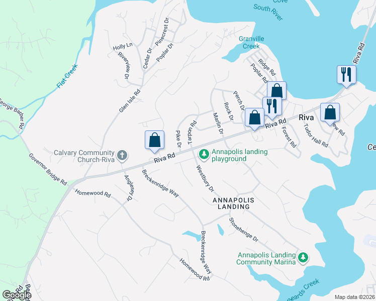 map of restaurants, bars, coffee shops, grocery stores, and more near 3204 Riva Road in Riva