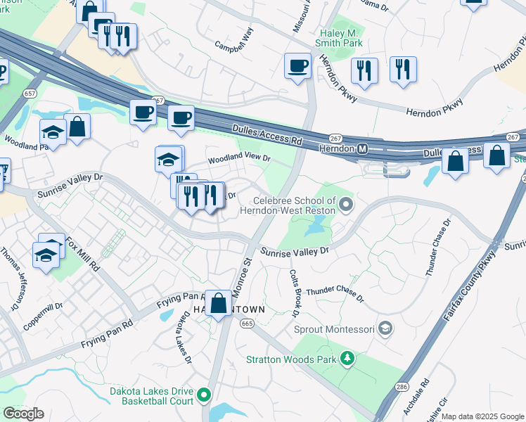 map of restaurants, bars, coffee shops, grocery stores, and more near 12937 Centre Park Circle in Herndon