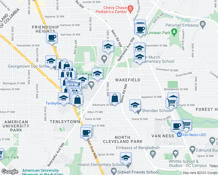 map of restaurants, bars, coffee shops, grocery stores, and more near 3745 Brandywine Street Northwest in Washington