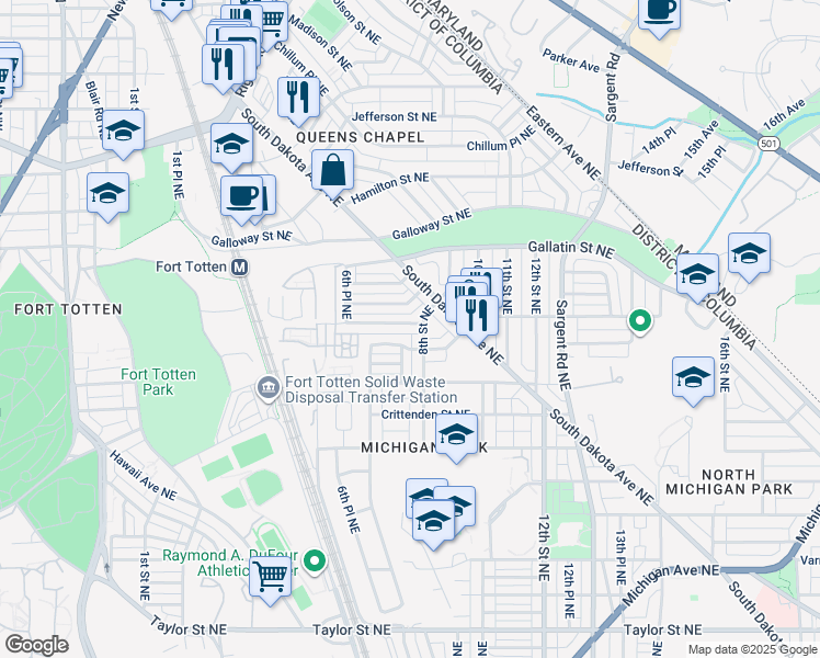 map of restaurants, bars, coffee shops, grocery stores, and more near 727 Emerson Street Northeast in Washington