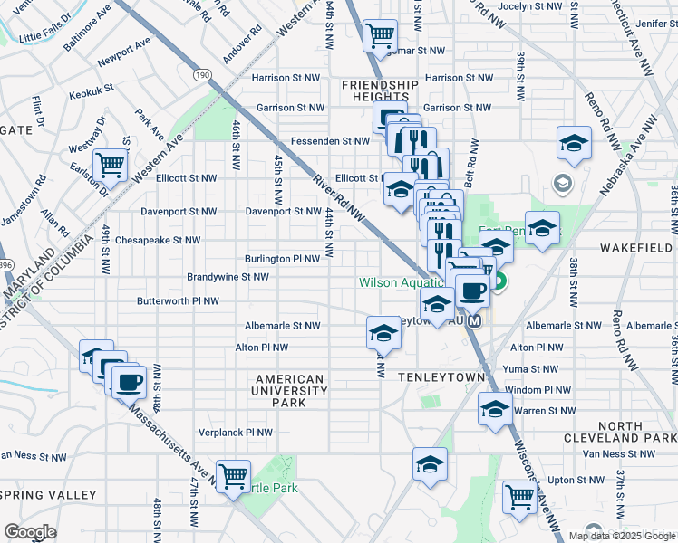 map of restaurants, bars, coffee shops, grocery stores, and more near 4339 Brandywine Street Northwest in Washington