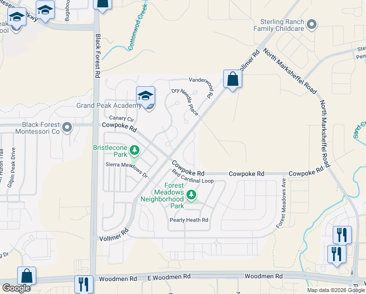 map of restaurants, bars, coffee shops, grocery stores, and more near 8282 Potentilla Grove in Colorado Springs