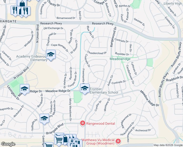 map of restaurants, bars, coffee shops, grocery stores, and more near 3940 Cyclone Drive in Colorado Springs