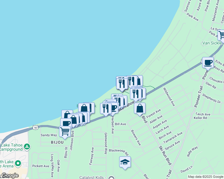 map of restaurants, bars, coffee shops, grocery stores, and more near 900 Ski Run Boulevard in South Lake Tahoe