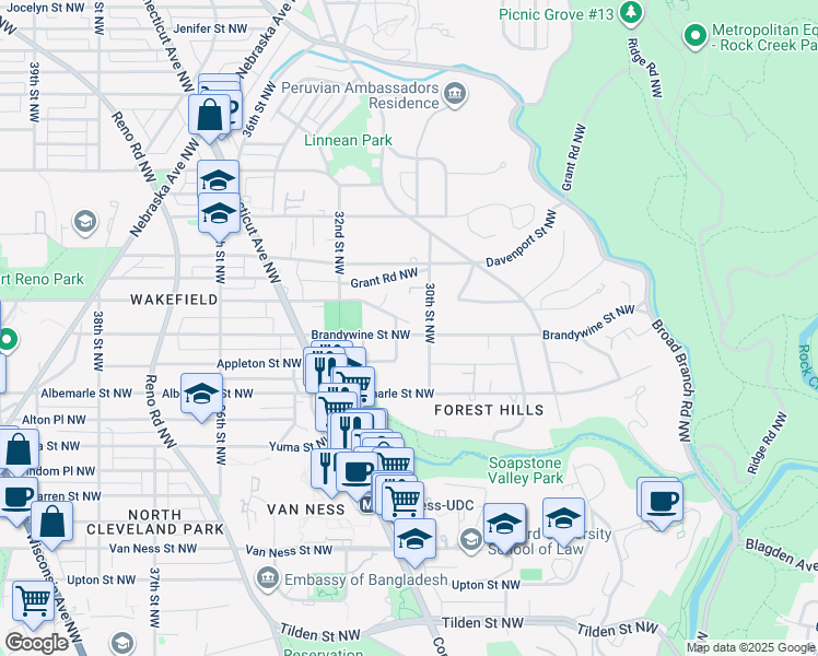 map of restaurants, bars, coffee shops, grocery stores, and more near 3033 Brandywine Street Northwest in Washington
