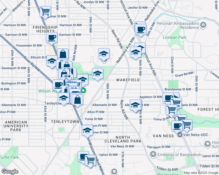 map of restaurants, bars, coffee shops, grocery stores, and more near 3745 Brandywine Street Northwest in Washington
