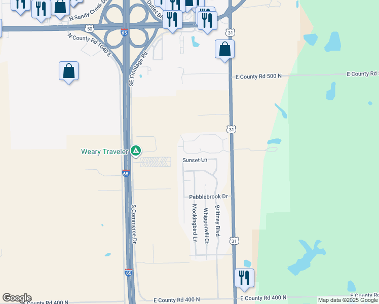 map of restaurants, bars, coffee shops, grocery stores, and more near 2710 Bent Tree Lane in Seymour