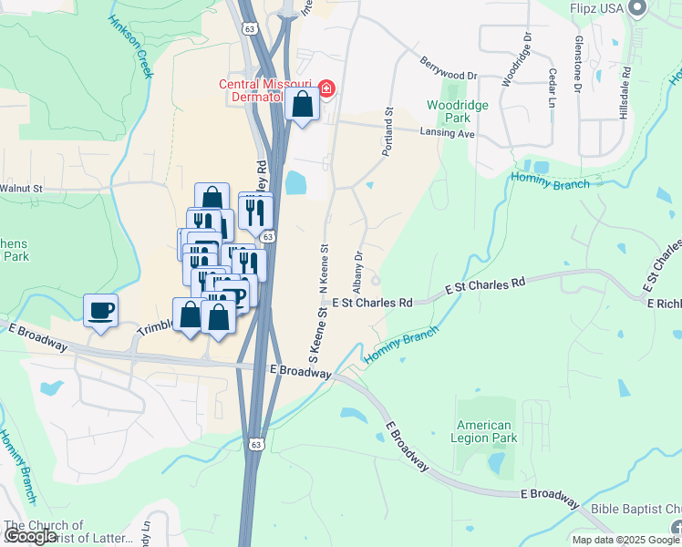 map of restaurants, bars, coffee shops, grocery stores, and more near 8 North Keene Street in Columbia