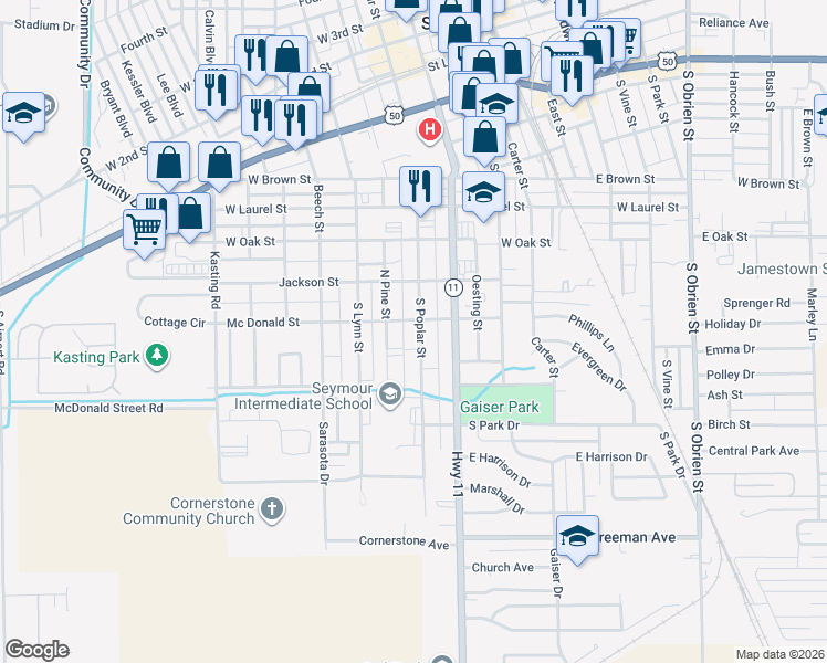 map of restaurants, bars, coffee shops, grocery stores, and more near 725 South Poplar Street in Seymour
