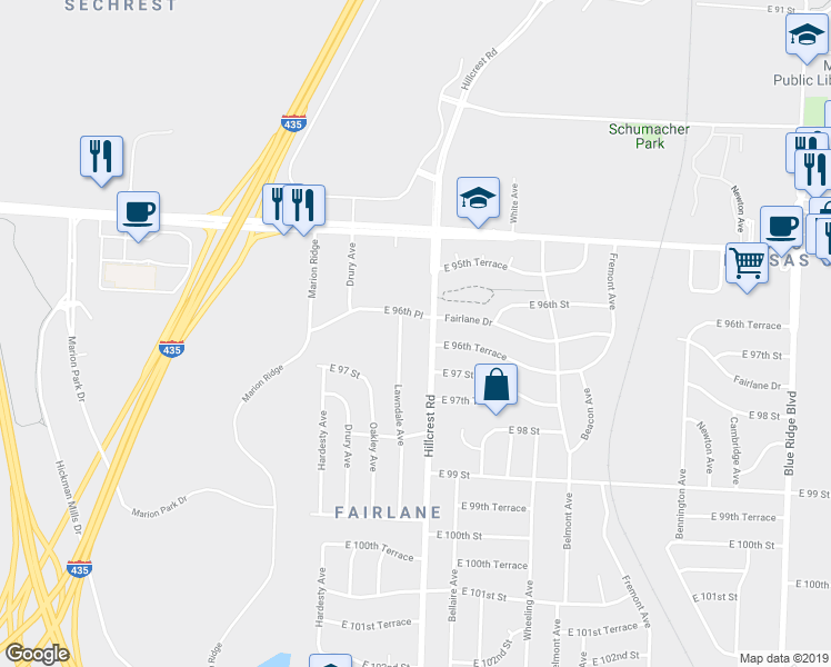 map of restaurants, bars, coffee shops, grocery stores, and more near 5705 East 96th Place in Kansas City