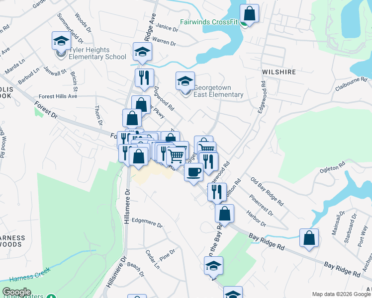 map of restaurants, bars, coffee shops, grocery stores, and more near 17 Georgetown Court in Annapolis
