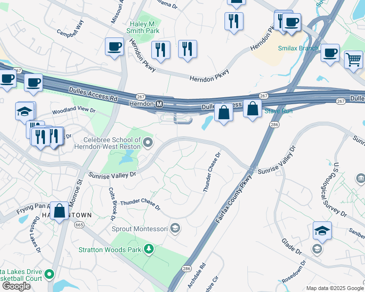 map of restaurants, bars, coffee shops, grocery stores, and more near 12708 Roark Court in Reston
