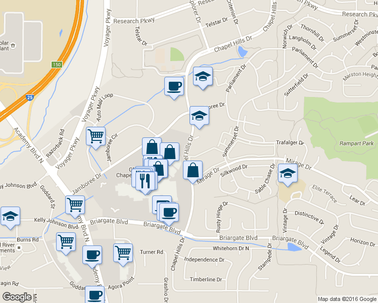 map of restaurants, bars, coffee shops, grocery stores, and more near 1470 Chapel Hills Drive in Colorado Springs