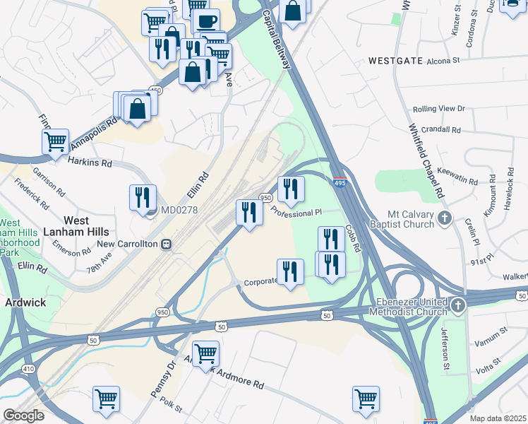map of restaurants, bars, coffee shops, grocery stores, and more near 4351 Garden City Drive in Hyattsville