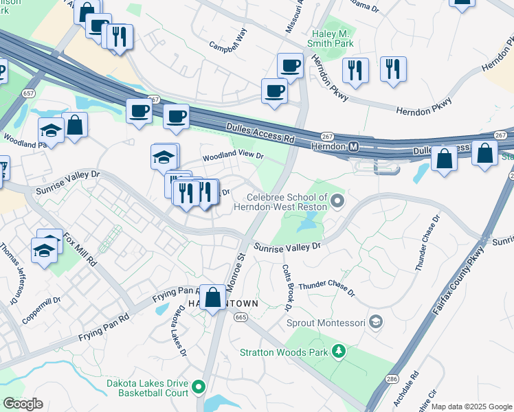 map of restaurants, bars, coffee shops, grocery stores, and more near 12937 Centre Park Circle in Herndon