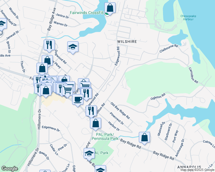 map of restaurants, bars, coffee shops, grocery stores, and more near 975 Breakwater Drive in Annapolis