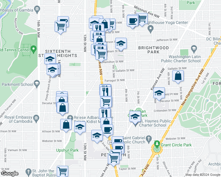 map of restaurants, bars, coffee shops, grocery stores, and more near 905 Emerson Street Northwest in Washington