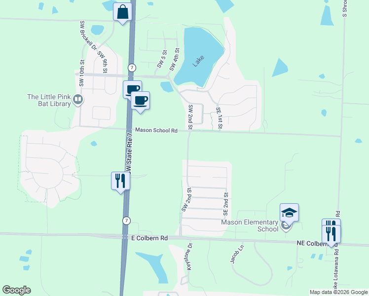 map of restaurants, bars, coffee shops, grocery stores, and more near 26497-26839 Mason School Road in Blue Springs