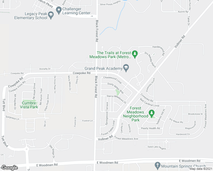 map of restaurants, bars, coffee shops, grocery stores, and more near 6841 Dusty Miller Way in Colorado Springs