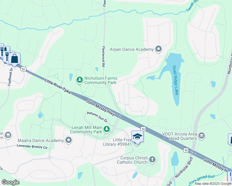 map of restaurants, bars, coffee shops, grocery stores, and more near 24139 High Falls Court in Ashburn