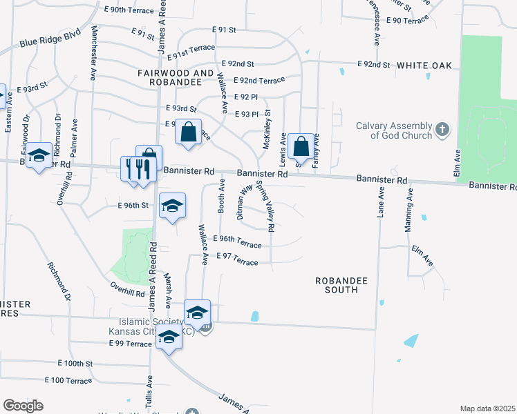 map of restaurants, bars, coffee shops, grocery stores, and more near 8630 East 96th Place in Kansas City
