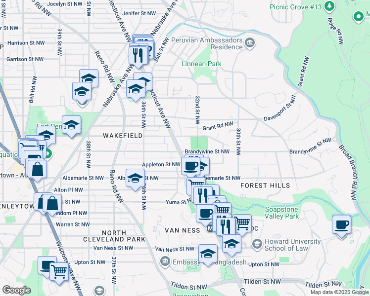 map of restaurants, bars, coffee shops, grocery stores, and more near 4601 Connecticut Avenue Northwest in Washington