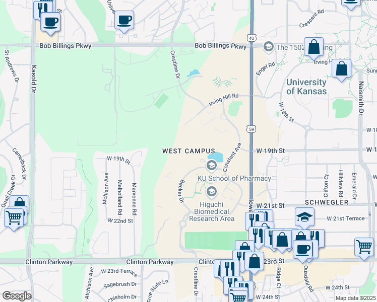 map of restaurants, bars, coffee shops, grocery stores, and more near in Lawrence