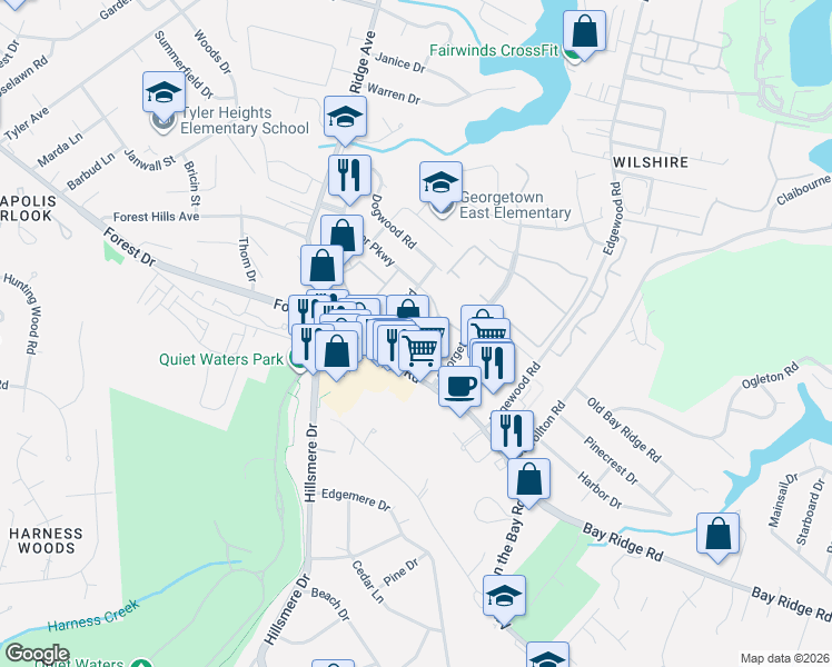 map of restaurants, bars, coffee shops, grocery stores, and more near 210 Victor Parkway in Annapolis