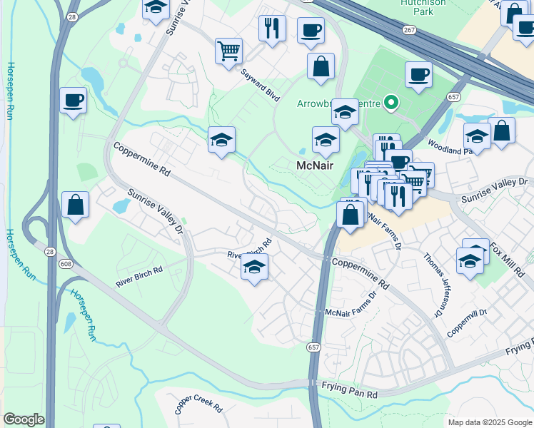 map of restaurants, bars, coffee shops, grocery stores, and more near 13624 Venturi Lane in Herndon