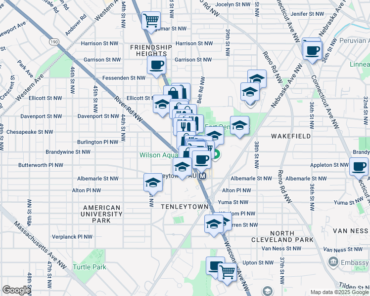 map of restaurants, bars, coffee shops, grocery stores, and more near 4600 Wisconsin Avenue Northwest in Washington