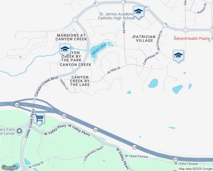 map of restaurants, bars, coffee shops, grocery stores, and more near 25001 West 98th Street in Lenexa
